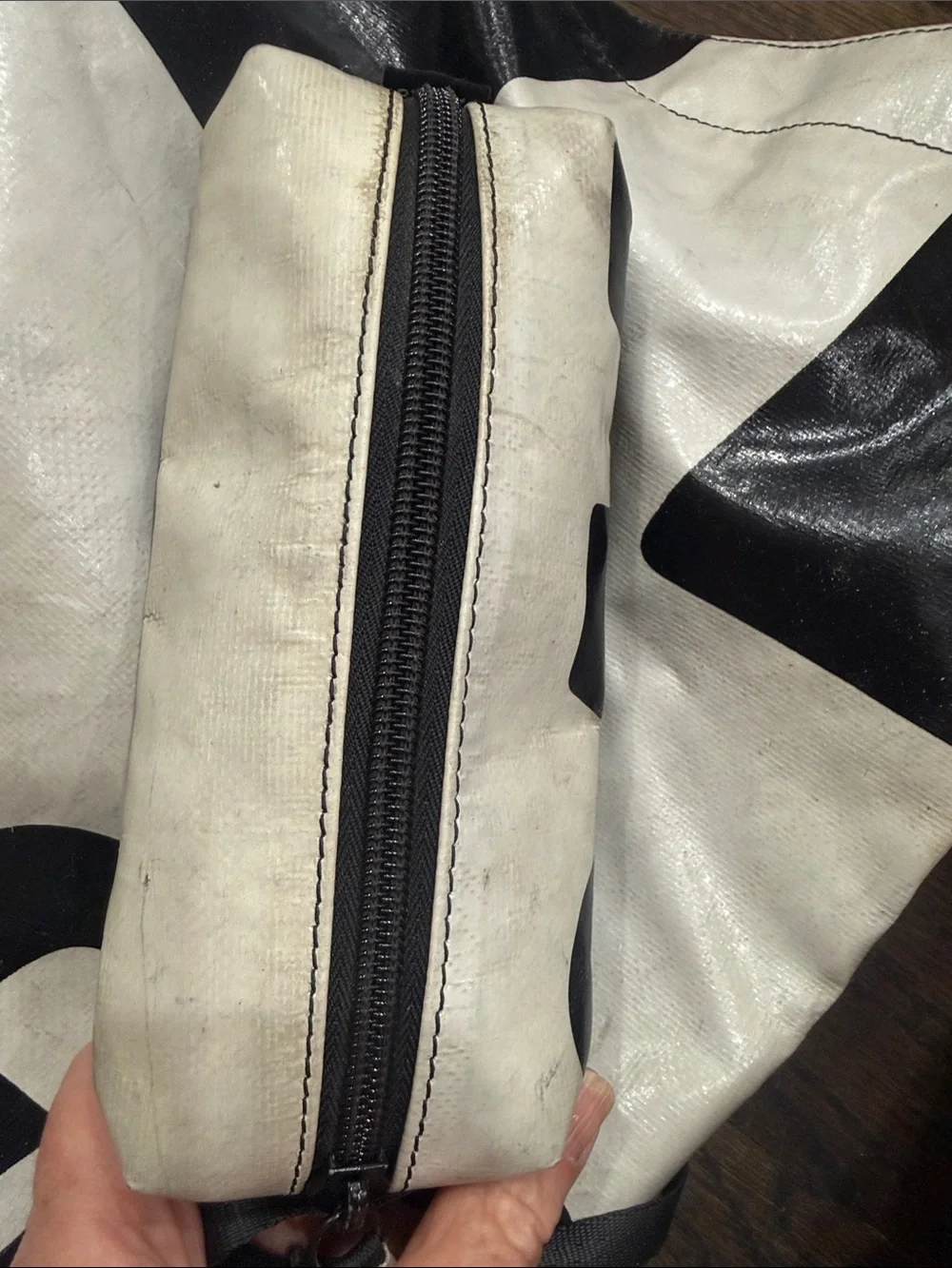 FREITAG Grey & Black Graphic Shoulder Bag with Detachable Pouch.